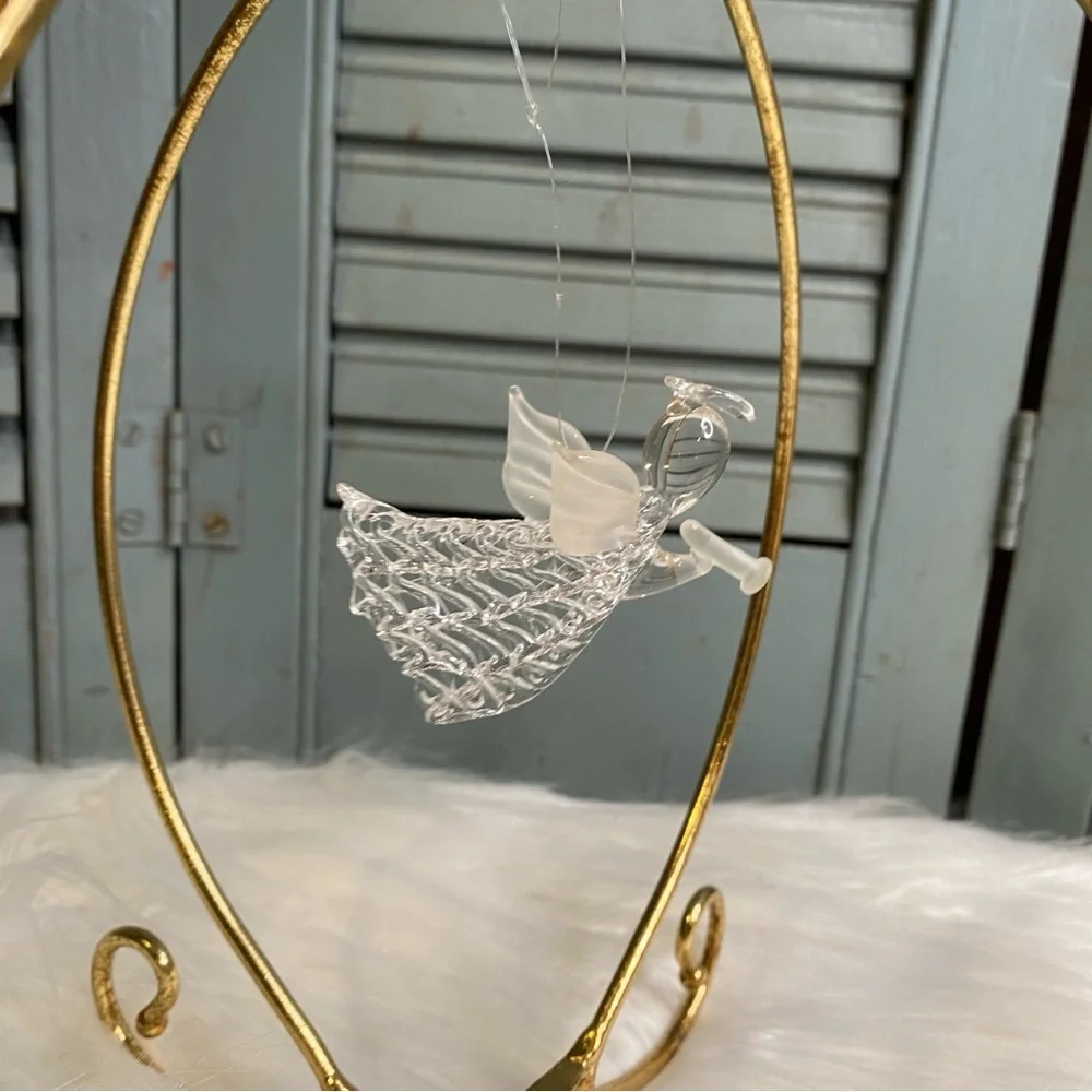 Vintage Spun Glass Angel Ornament with Frosted Wings and Horn